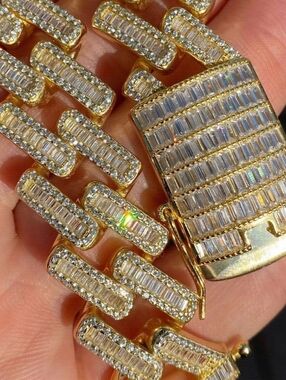 Baguette Prong Miami Cuban Link Chain Necklace Iced Out CZ Stones - 14k Gold Ver